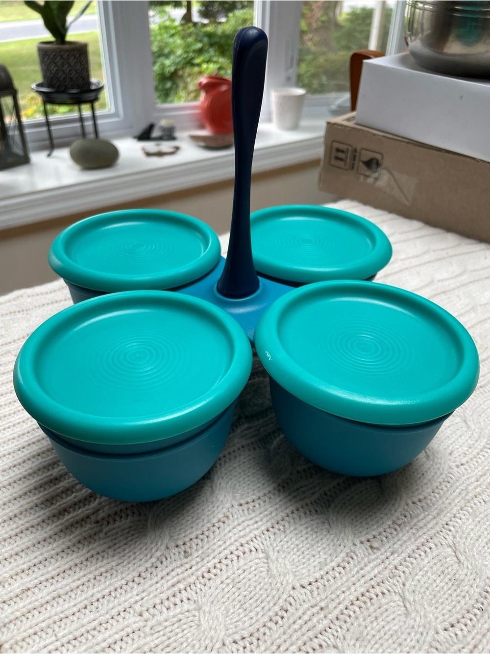 Tupperware Blossom Table 4-Bowl Condiment Server in blue and teal